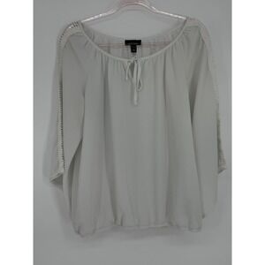 B Design White Lace Trim Gauze Blouse Bell Sleeve Tie Neck Boho‎ Women's Sz L